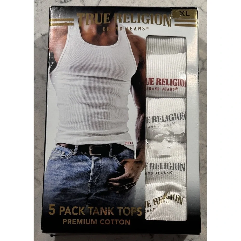 NWT True Religion 5 Pack Tank Tops Mens XL White Premium Cotton Ribbed